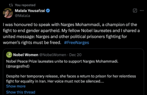 Malala Wrote to Narges Mohammadi